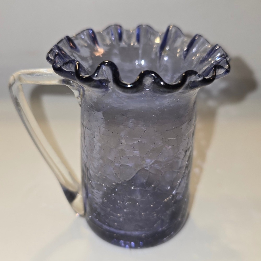 Vintage Purple Crackle Glass Pitcher Ruffled Rim Clear Applied Handle 4 Inch